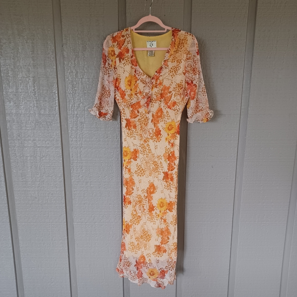 Ice Vintage Women Floral Silk Beaded Midi Dress Size 8 Y2K Bias Cut V Neck